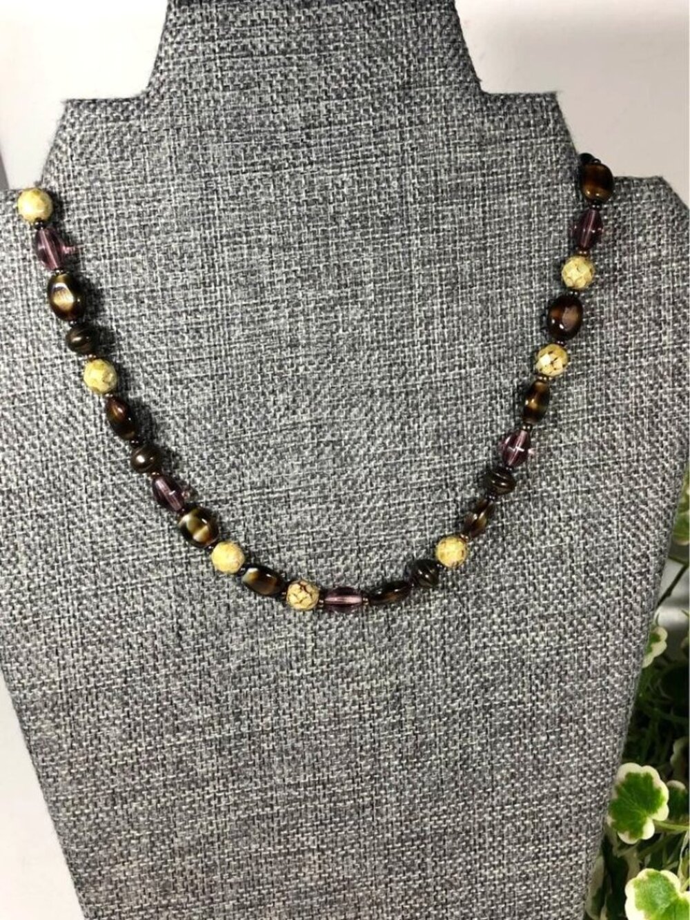 Brown Purple Glass Beaded Necklace 16 Inch Plus 2 Inch Extender Lobster Clasp
